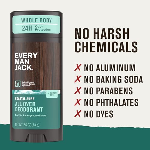 Every Man Jack All Over Deodorant - 24 Hour Whole Body Odor Protection - Aluminum Free - Coastal Surf Scent 2.6 oz (1 Pack)