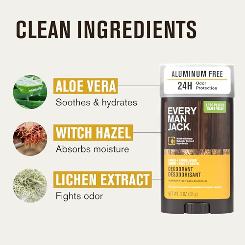 Every Man Jack Amber + Sandalwood Men’s Deodorant - Stay Fresh with Aluminum Free Deodorant For all Skin Types - Odor Crushing, Long Lasting, with Naturally Derived Ingredients - 3oz (4 Pack)