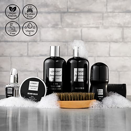 Valentines Beard Kit and Body Care Gifts for Men, Sandalwood Spa Gift Baskets, Mens Bath and Beard Grooming Kitf or Him, Unique Birthday Gifts for Him with Beard Balm, Growth Oil, Deodorant and More