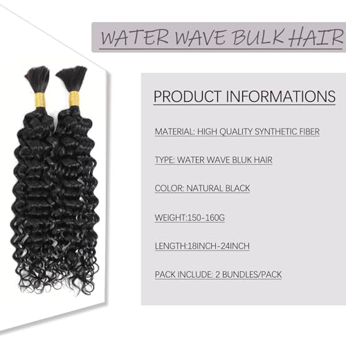 22 Inch Water Wave Bulk hair for Braiding 155g 2Bundle/Pack No Weft Water Wave Bulk hair for Braiding Micro synthetic Braiding Hair for Boho Braids Wet and Wave (,Natural Black #1B)