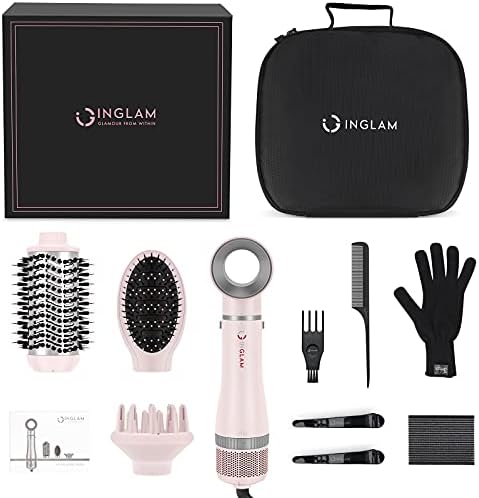 IG INGLAM 4 in 1 Blowout Hair Dryer Brush Set - Negative Ion Detachable Hair Dryer, Volumizer Styler with 2 Brush Heads, Pink