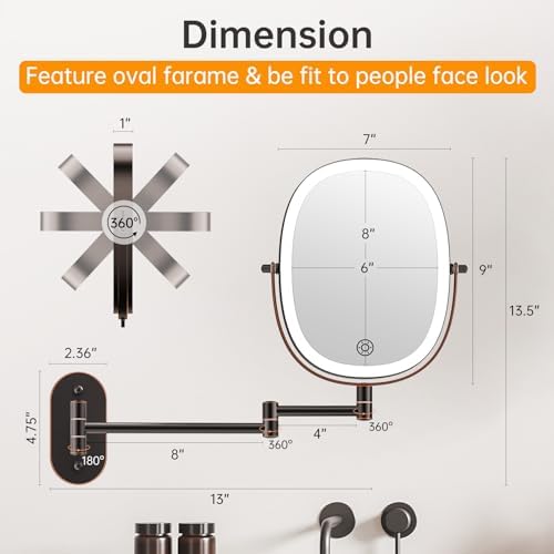 Rechargeable Wall Mounted Lighted Makeup Mirror, 8 Inch Double Sided LED Vanity Mirror 1X/7X Magnification,3 Color Lights Touch Dimmable Oval Frame 360°Swivel Magnifying Bathroom Mirror Antique Bronze