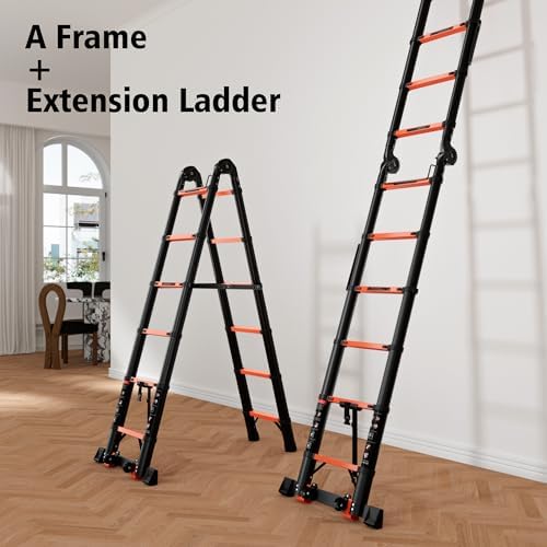 12.5FT Telescoping Ladder A Frame, Portable Extension Folding Ladder, Multi-Purpose Compact Telescopic Ladder for Household or Outdoor Work, 330lbs Max Capacity