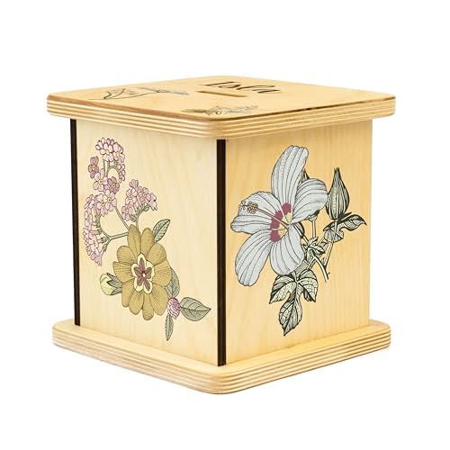 Wooden Piggy Bank for Kids and Adults, Personalized Gift Handmade in USA by BloomOwl, Custom Piggy Bank, Personalized Banks for Kids, Gifts for Baby Boys and Girls (Floral- Vintage)