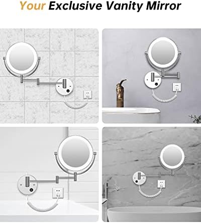 Gospire 8.5" Wall Mounted Lighted Magnifying Mirror, 1X/10X Double-Sided Magnification Round LED Cosmetic Vanity Bathroom Mirror Extendable Arm 360° Swivel for Shaving Makeup