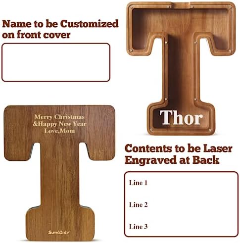 Summidate Customized Name Extra Large Wooden Piggy Bank for Kids Boys Girls Alphabets Letter A-Z Coins Bills Money Change Saving Box Clear Cover (Laser Engraved) Educational Toys 12"- Letter T