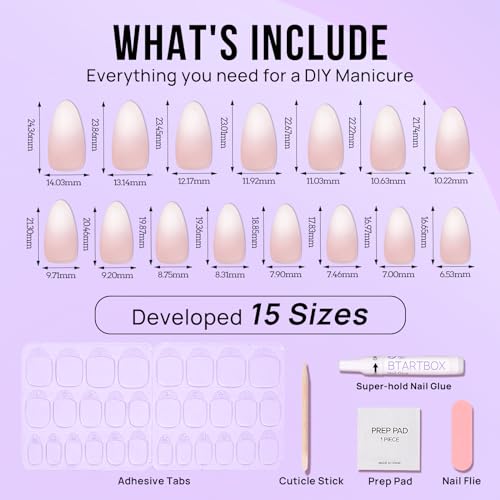 BTArtbox Press On Nails Almond - Medium Press On Nails, Pink White Ombre Soft Gel Nails, Natural Reusable Stick On Nails in 15 Sizes - 30 Fake Nails Kit for Valentines Day Gift