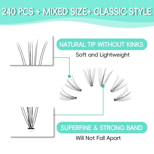 Bodermincer Cluster Lashes 240pcs Large Tray D Curl Individual Eyelashes False Eyelashes Extension DIY at Home (10D-20D Mixed)