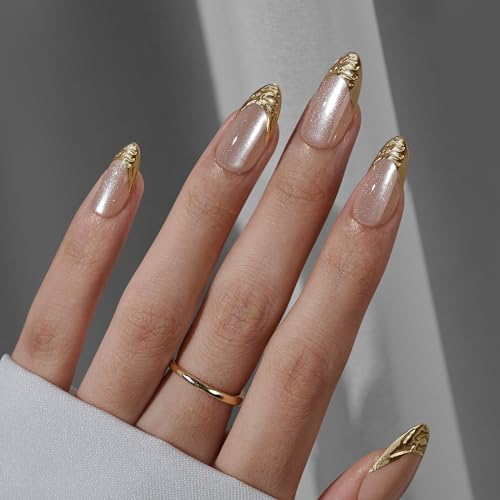 BTArtbox Press On Nails Almond - French Tip Press On Nails with 3D Sculpting Metallic Design, Medium Glue On Nails in 15 Sizes, Steelheart