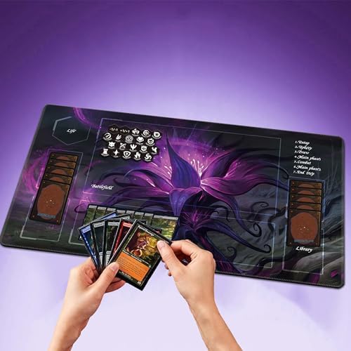 MTG Playmat Includes with 20 Damage Counters and Professional Storage Bag 24*14 and Edge-Locking Waterproof and Non-Slip Mat (Lotus 3)