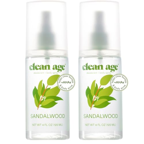 Aluminum Free Deodorant & Body Spray for Whole Body - Sandalwood 4oz (2 Pack) Clean Deodorant and Body Spray for Teen Boys and Girls - With AHA For Body Acne-Body Spray for Teens Formula