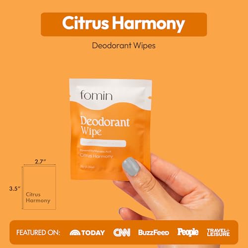 FOMIN Acidified Travel Deodorant Wipes For Women & Men - 15 Count - Citrus Harmony - pH Balanced, Mini Deodorant Travel Size Wipes - Plastic-Free, Individually Wrapped Underarm Body Wipes