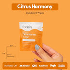 FOMIN Acidified Travel Deodorant Wipes For Women & Men - 15 Count - Citrus Harmony - pH Balanced, Mini Deodorant Travel Size Wipes - Plastic-Free, Individually Wrapped Underarm Body Wipes