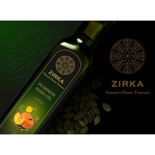 Pumpkin Seed Oil Zirka 100% Unrefined Cold-Pressed Styrian Oil in Glass Bottle Made in Slovenia Gourmet Salad Dressing, Drizzle Oil, Rich in Vitamins E and K, Antioxidants, Hearth-Healthy Choice.