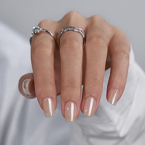 BTArtbox Press On Nails Short - Square Press On Nails, Brown Chrome Nail Tips Glue On Nails with Nail Glue, Reusable Stick On Nails in 15 Sizes - 30 Soft Gel Fake Nails Kit, Cream Soda