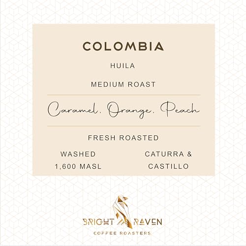 Bright Raven Coffee Roasters - Colombia, Single Origin, Whole Bean Coffee, Medium Roast, 12 Oz, 100% Arabica Coffee Beans, Fresh Roasted, Specialty Coffee, Premium, Low Acid Coffee.