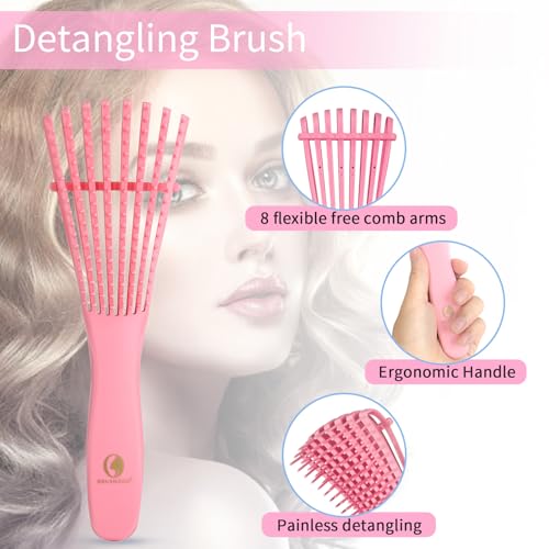 BRUSHZOO Hair Brush Set, Hair Brushes for Women Men kid Wet Dry All Hair Detangling Parting Styling, Brush Set with Detangler Brush, Edge Brush, Teasing brush, Rat Tail Comb (Pink)