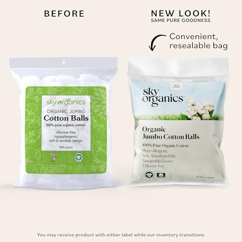 Sky Organics Organic Jumbo Cotton Balls for Sensitive Skin, 100% Pure Organic Cotton Sustainably Grown, Chlorine Free, Hypoallergenic, Ultra-Soft and Absorbant for Beauty&Personal Care, 300 ct