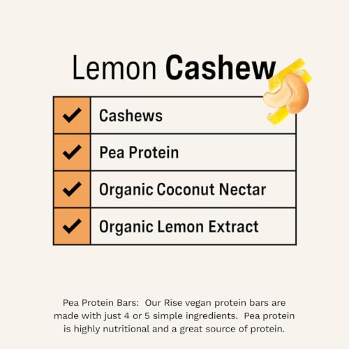 Rise Pea Protein Bar - Vegan Lemon Cashew | Breakfast Bar & Protein Snack 15g Protein Just 3 Whole Food Ingredients Non-GMO Gluten-Free Soy Free