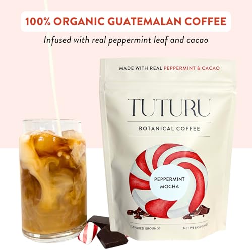 Organic Peppermint Mocha Ground Coffee - Real Peppermint & Cacao - Medium Roast, Organic Flavored Coffee - Smooth Low-Acid - Perfect for Drip, Pour Over or Cold Brew - 8 oz, 22 Servings