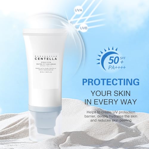 2PCS Centella Sunscreen SPF 50, Daily UV Defense Summer Sunblock for Face, 50ML 𝑴𝒂𝒅𝒂𝒈𝒂𝒔𝒄𝒂𝒓 Sunscreen Face Serum,Travel Essentials for Black Girl