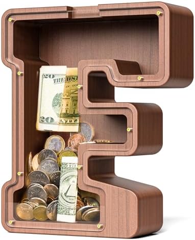 Summidate Wooden Letter Piggy Bank, Extra Thick Large Capacity Piggy Bank for Kids Boys Girls Toddler, Alphabet F Money Bank| Coin Box Birthday, Christmas, Festival