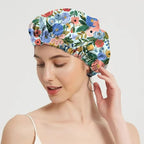 2 PCS Shower Cap Reusable Waterproof Double Layer Elastic Adjustable Hair Bath Caps Cute Aesthetic for Women Girls-Flowers