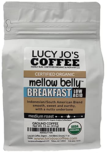 Lucy Jo's Coffee, Organic Mellow Belly Breakfast Low Acid Blend, Medium Roast, Ground, 11 oz