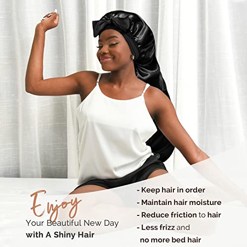 YANIBEST Silk Bonnet for Sleeping Women Braid Bonnet for Long Hair with Tie Band Satin Bonnet for Braids Hair Sleeping Cap Gifts for Women Black