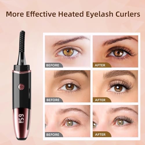 Heated Eyelash Curlers - Fast Heat up Within 10s - 24 Hours Long Lasting - Rechargeable Electric Eyelash Curler with Type-C, with 4 Heating Modes Anti-Burn Mini Lash Curler with LED Display-Black