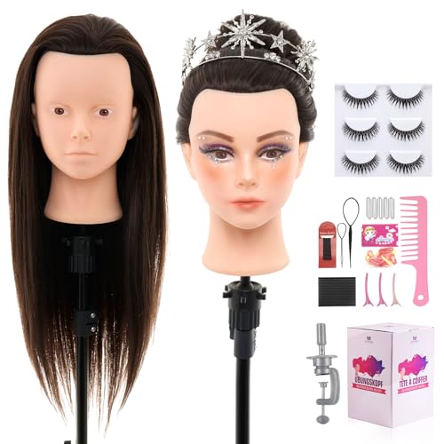 28Inch 60% Real Hair Makeup Mannequin Head, Cosmetology Mannequin Head with Hair for Makeup Braiding Curling Cuting,Makeup Doll Head for Hair Styling with Table Clamp Hair Styling Set(Dark Brown)