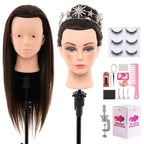 28Inch 60% Real Hair Makeup Mannequin Head, Cosmetology Mannequin Head with Hair for Makeup Braiding Curling Cuting,Makeup Doll Head for Hair Styling with Table Clamp Hair Styling Set(Dark Brown)