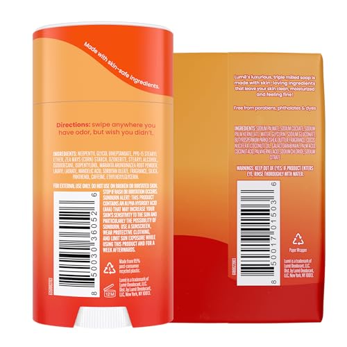 Lume Whole Body Deodorant And Soap - 2.6 Ounce Solid Stick With 72 Hour Odor Control (Pack of 2) and 5 Ounce Triple Milled Soap (Pack of 2) - Aluminum and Baking Soda Free (Clean Tangerine)