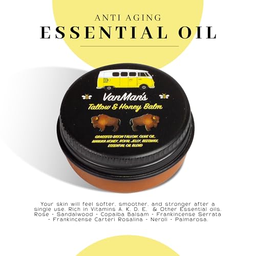 Vanman’s - Tiny Bison Tallow and Honey Balm - Grass-Fed/Finished Bison Tallow and Manuka Honey Cream with Royal Jelly, Essential Oils - Cream for Dry, Delicate Skin - Bison Tallow Skin Care - 0.25 oz