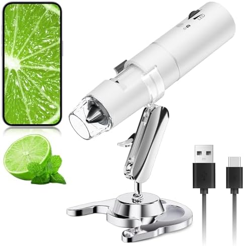 Wireless Digital Microscope, Skybasic 50X-1000X Magnification WiFi Pocket Handheld Microscopes with Stand HD USB Microscope Camera Compatible with iPhone Android iPad Windows Mac Computer (White)