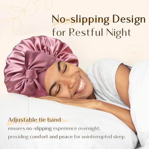 YANIBEST Double Layer Satin Silk Bonnet for Sleeping Hair Bonnet with Elastic Tie Band for Curly Hair Wig Caps Beanpaste Pink