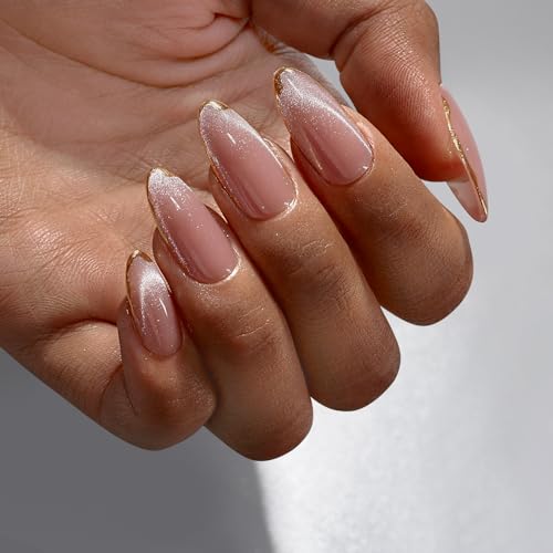 BTArtbox Press On Nails Almond - Cat Eye Press On Nails Medium Fake Nails with 3D Sculpting Metallic Design, Supremely Fit & Glossy Glue On Nails in 15 Sizes for Gift, Knightshield