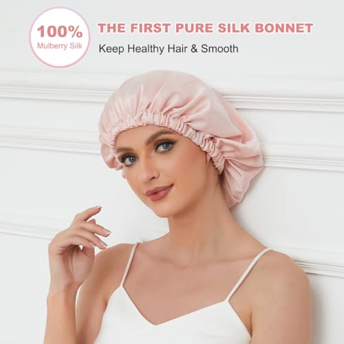 22 Momme 100% Mulberry Silk Bonnet for Sleeping Women, Adjustable Silk Hair Wrap for Sleeping Hair Care, Bonnet with Elastic Stay On Head(Pink) showercap