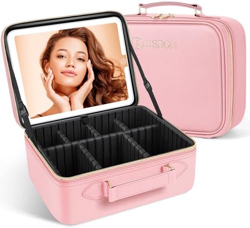 JUSRON Travel Makeup Bag With LED Mirror, Train Case with Light up Mirror, Portable Makeup Artist Organizer Bag with Adjustable Dividers, Makeup Brush Holder Storage (Pink, Large)