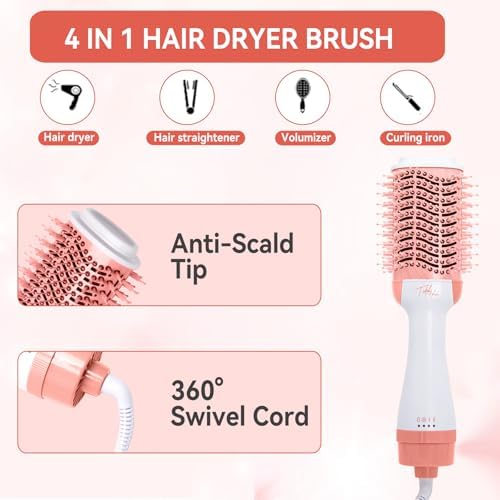 Hot Air Brush 4 in 1 Hair Dryer Brush，One Step Hair Dryer,Styler,Volumizer,Hair Curler,Negative Ion Anti-frizz Ceramic Titanium Barrel Hot Air Brush Hair Straightener Brush Pink White