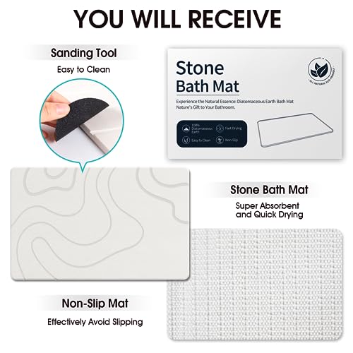 ZIKIBL Stone Bath Mat Diatomaceous Earth Shower Mat Non-Slip Super Absorbent Diatomite Stone Mats for Bathroom Floor/Ktichen Cuonter Quick-Drying Easy to Clean Light White