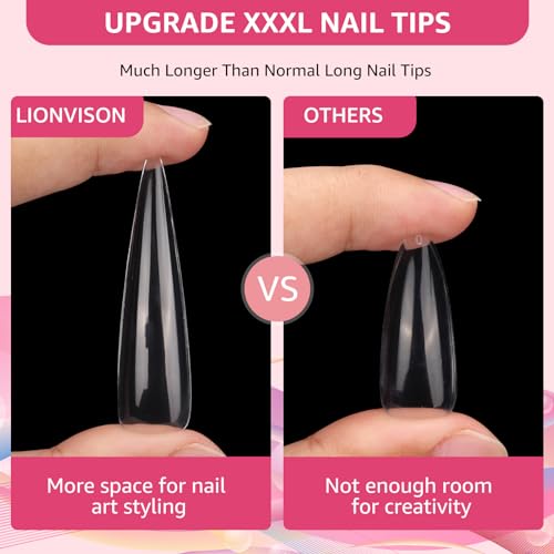 504PCS 3XL Stiletto Nail Tips, 3XL Extra Long Clear for Acrylic Nails Professional, 12 Sizes Tapered Acrylic Full Nail Tips Press On Gel Nail Tips for Nail Salons Home DIY