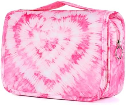 Kids Hanging Toiletry Bag for Girls, Travel Toiletry Bag for Teen Girls Cosmetic Makeup Waterproof Wash Bag Traveling Toiletries, Tie Dye Pink Heart
