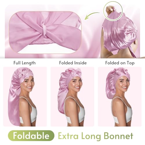 BONNET QUEEN Braid Bonnet Silk Bonnet Foldable Extra Long Bonnet for Braids Satin Bonnet for Sleeping Hair Bonnet with Tie Band Long Sleep Cap Light Rose Gold