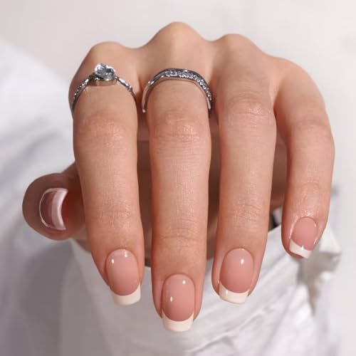 BTArtbox Press on Nails Square - French Tip Press On Nails Short, Seamless Fit Glue on Nails for Nail Art Manicure, 15 Sizes, French Girl