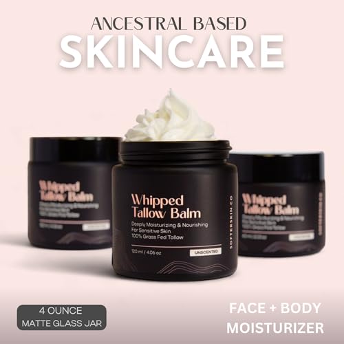 Beef Tallow for Skin (Unscented 4 oz) - Whipped Tallow Balm for Face and Body - Natural Moisturizer for Sensitive Dry Skin - Handmade Body Butter Lotion - 100% Grass-Fed - Gentle Skincare