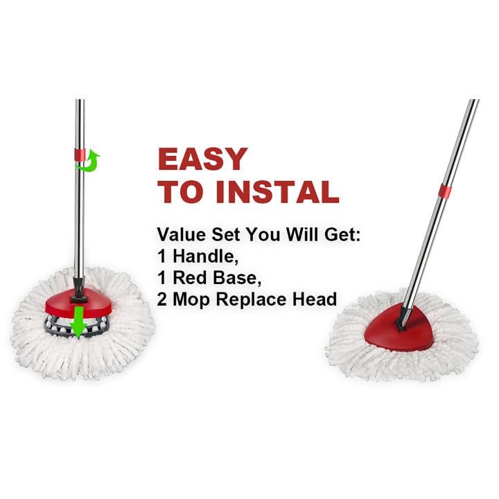 Hibaby 2 Spin Mop Head Replacement, 1 Base, 1 Mop Handle (30-58in) Combo Mops Set Compatible with OCedar EasyWring RinseClean Microfiber Mops (White (1-Tank System))