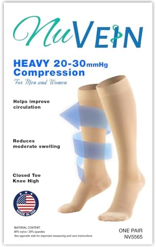 NuVein Medical Compression Stockings, 20-30 mmHg Support for Women & Men, Knee Length, Closed Toe, Black, Medium