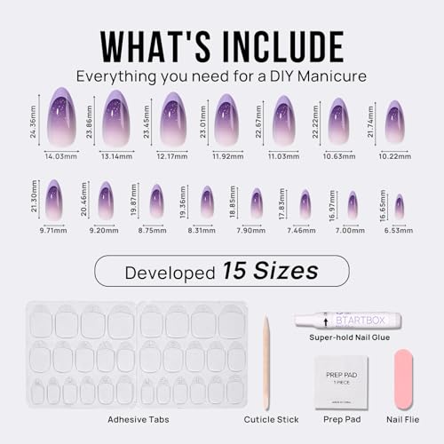 BTArtbox French Tip Press On Nails - Almond Ombre Press On Nails Medium, Glue On Nails with Glitters, Supremely Fit & Natural Reusable Stick On Nails in 15 Sizes, Twilight
