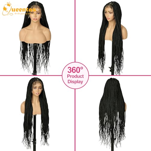 QUEENTAS 40" Lace Front Braided Wigs Box Boho Braids Wig for Black Women Faux Locs Wig with Baby Hair Natural Black Long Pre Braid Dreadlock wig